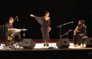 Photo by Jorja Smith - Photography Co-Editor Lead singer, Arooj Aftad, Guitarist Bhrigu Sahni and percussionist Jorn Bielfeldt perform at UNCA last Thursday.