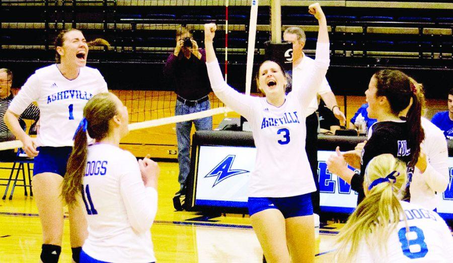 Catherine Fischer, a UNCA volleyball team member, jumps to celebrate the Bulldogs’ victory over Wofford at the Justice Center.
Photo by Adrian Etheridge - Contributor