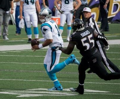 Cam Newton leads the Panthers against the Ravens (Photo by Flickr contributor Keith Allison)