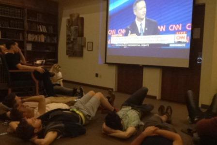 Students watch the Democratic Debate in Laurel Forum (Photo by Becca Andrews  - News Staff Writer)