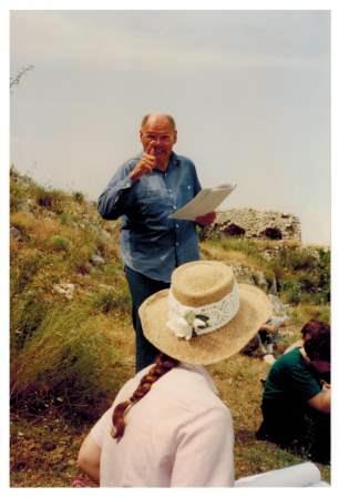 Father Foster teaching Latin at the birthplace of St. Thomas Aquinas, Roccasecca, Italy, in 1994 (Photo courtesy of Professor Lyons collection)