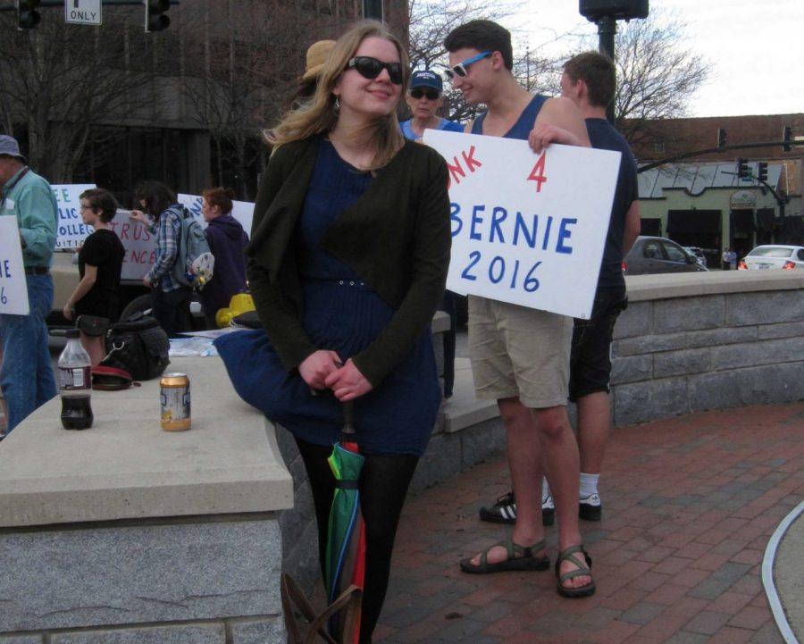 Gry Trosborg Andersen finds herself in the middle of a Bernie Sanders rally in downtown Asheville. Larisa Karr/The Blue Banner