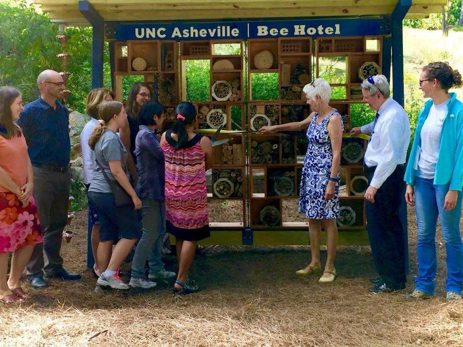 UNC Asheville students cut the ribbon in celebration of the new Bee Hotel on campus. Photo by Audra Goforth.