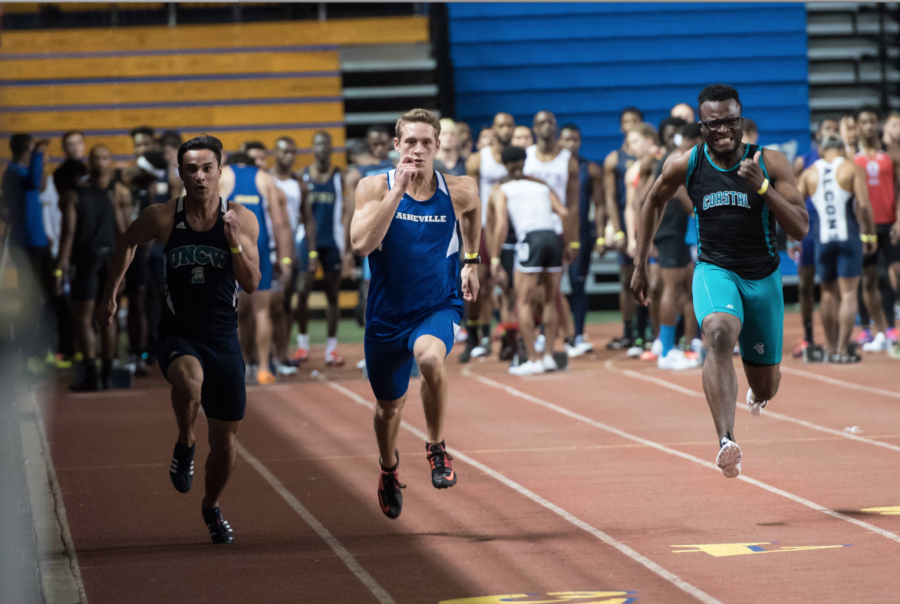Hunter Koike runs in a heat against conference rivals. Photo courtesy of UNC Ashville