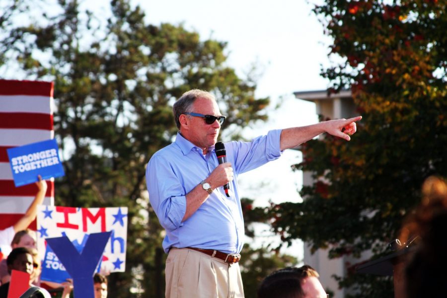 Tim Kaine in the process of motivating students to vote early. Photo by Nick Haseloff.