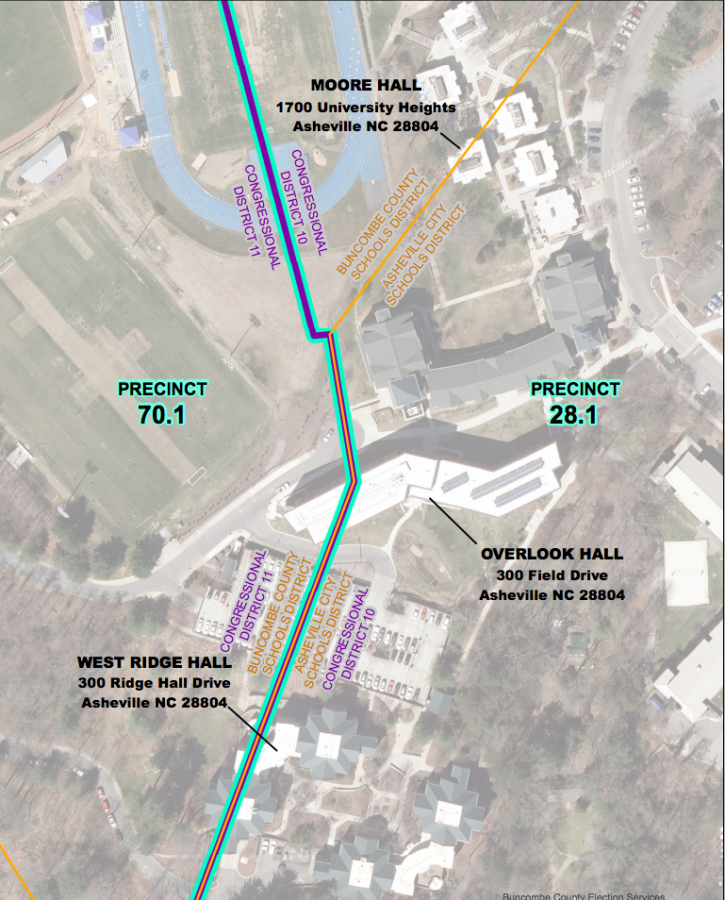 The map of UNCA shows a precinct line dividing residence halls on campus for the 2016 election. Map by Buncombe County Election Services.