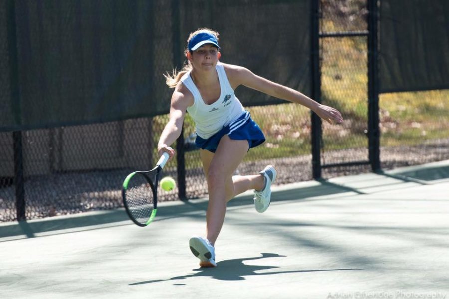 Freshman Emily Sidor from Rockledge, Florida lunges to return the ball. Sidor plays singles and doubles for the Bulldogs and is 13-9 this season.