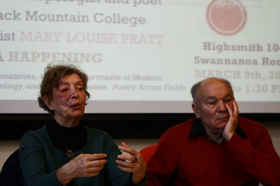 Mary Louise Pratt, left, and Renato Rosaldo during a panel discussion. Photo by Larisa Karr.