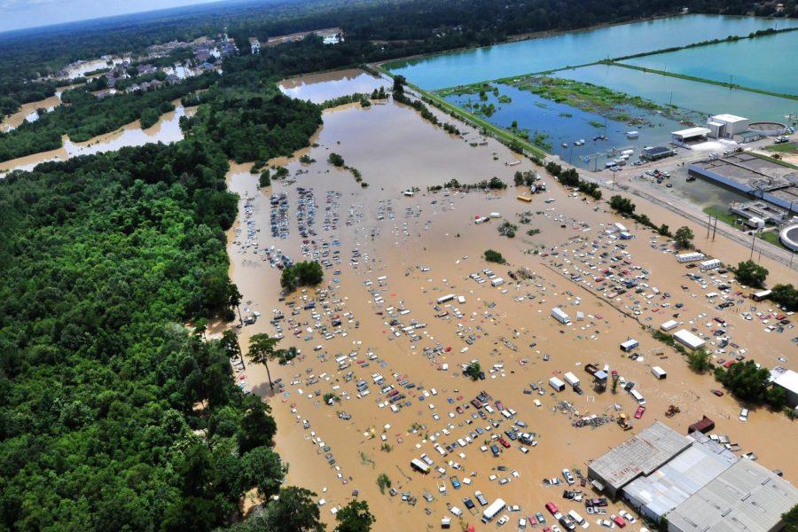 View from an MH-65 Dolphin helicopter shows flooding and devastation in Baton Rouge, La., Aug. 15, 2016.