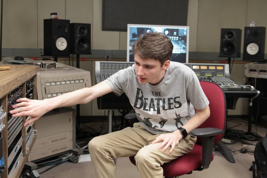 William Hinson spends his time recording his EP in the studios in the basement of Lipinsky Hall. Photo by Eli Alexander.