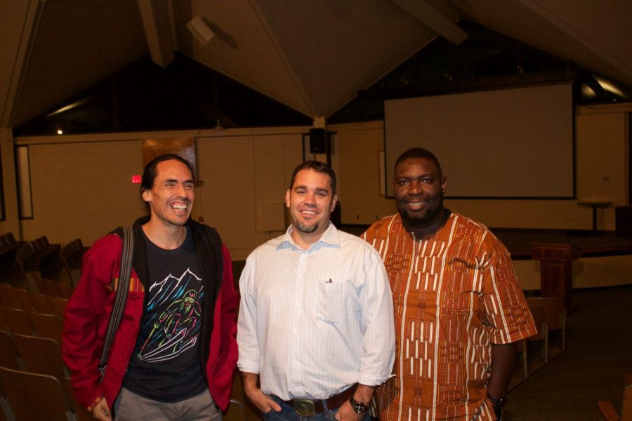 : Juan Sánchez Martinez (left), Trey Adcock (center) and Agya Boakye-Boaten (right) attend the first screening of the Indigenous Film Festival on Sept. 6.
Photo by Holly Goswick.