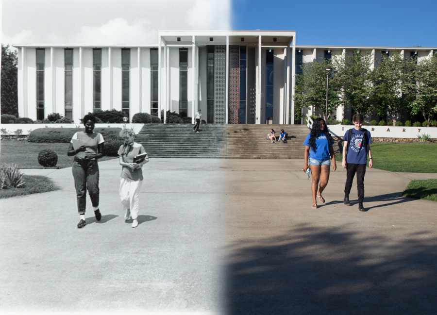 This photo illustration shows the juxtaposition between life on UNC Ashevilles campus in the early 70s and today. Photo illustration by Emmanuel Figaro. 