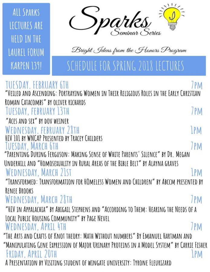 The Sparks seminars are now available to the entire campus community. Previously, the seminars were exclusively offered to students in the Honors Program. Schedule courtesy of the Honors Department.