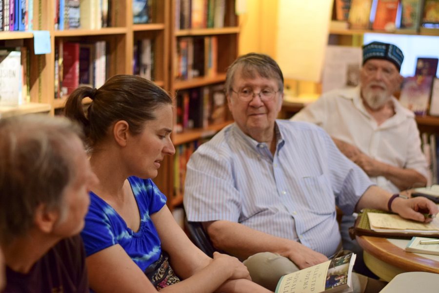 Dale Davidson, Sarah Kehrberg, Jay Jacoby, Ray Gibson gather to discuss their reading, The Selected Poems of Donald Hall. Photo by Emily-Ann Trautman