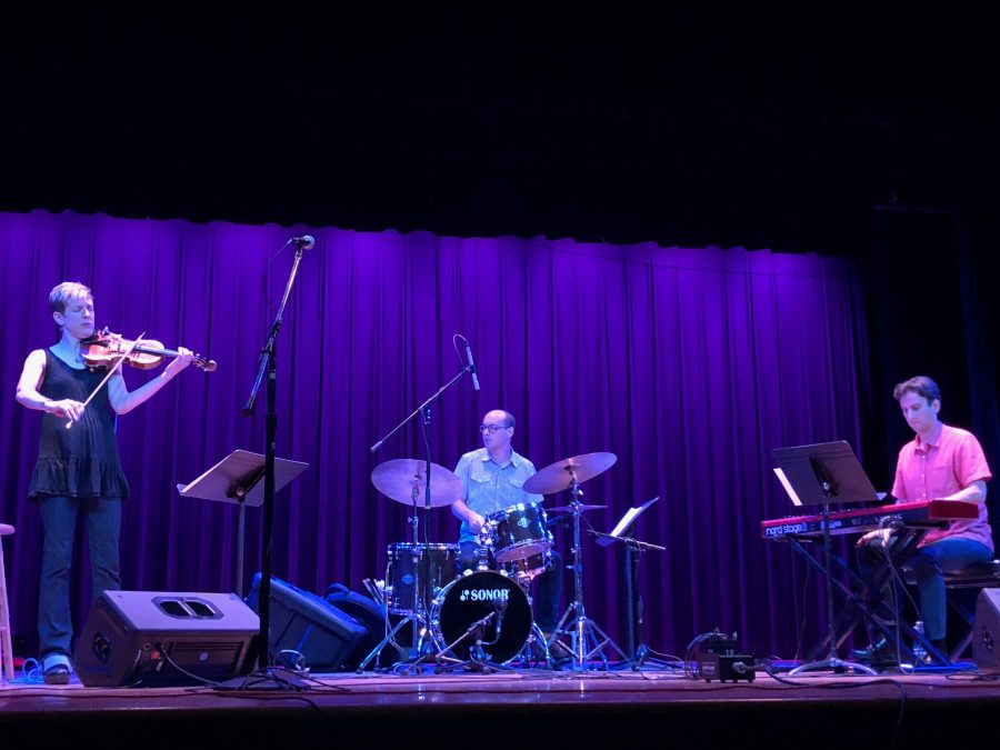 Jazz violinist Sara Caswell, drummer Michael Davis and Brian Felix performing together in Lipinksy Hall on Oct. 5 at UNCA.
