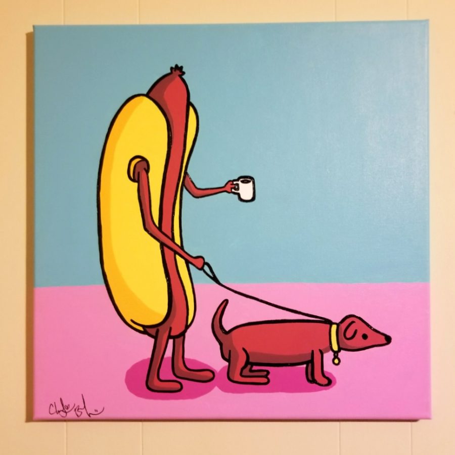 A painting by Charlie Beech titled “Hot Dog Walking a Weiner Dog.”