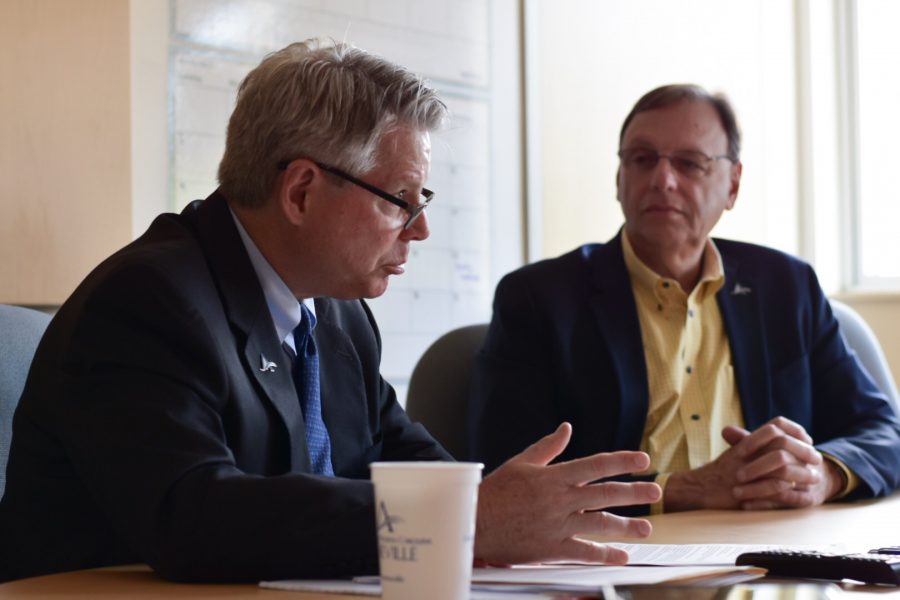 John Pierce, vice chancellor for administration and finance discusses the safety of the
students living in the newly built residence halls with Bill Haggard, vice chancellor of student
affairs.