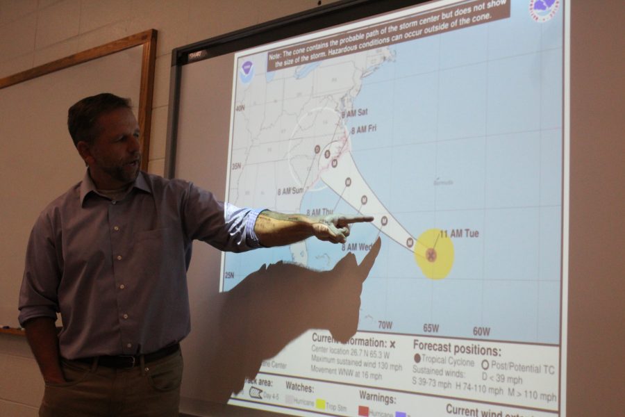 Christopher Hennon, atmospheric sciences gave a briefing on the tracks Hurricane Florence was lining up to take as predicted on September 11. Photo by Emma Jordan.