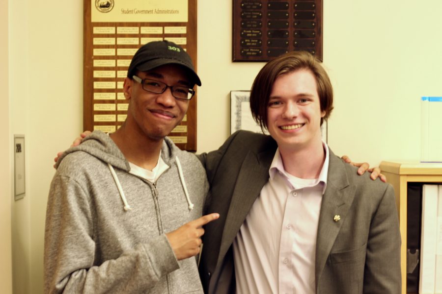 SGA candidates Isaiah Green, left, and Corey Smith pose for a photo as they prepare for
their campaigns for the Student Government Association. Photo by Dusty Albinger