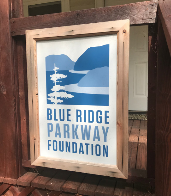 The sign of the Blue Ridge Parkway Foundation located at their office in Asheville 