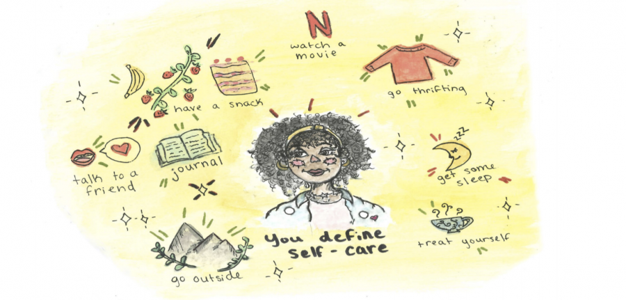 Cartoon by Logan Roper
Students advocate for a plethora of ways to practice self-care including being in nature, eating your favorite foods, talking to friends and getting lots of sleep. 