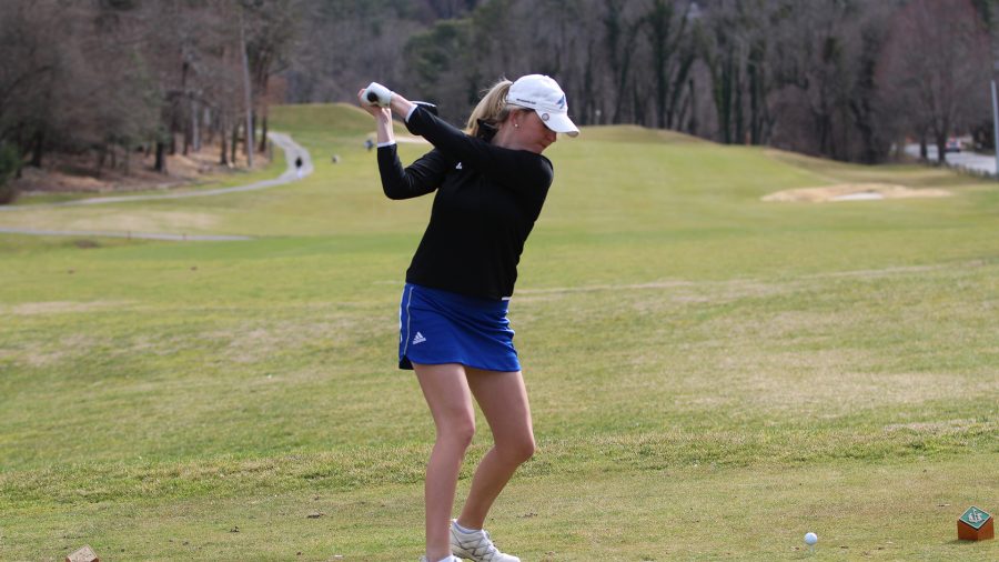 Photo provided by Athletics Department Adelyn Deery tees off during a match. During her four year career at UNC Asheville, Deery played in 37 out of a possible 38 tournaments for the Bulldogs.
