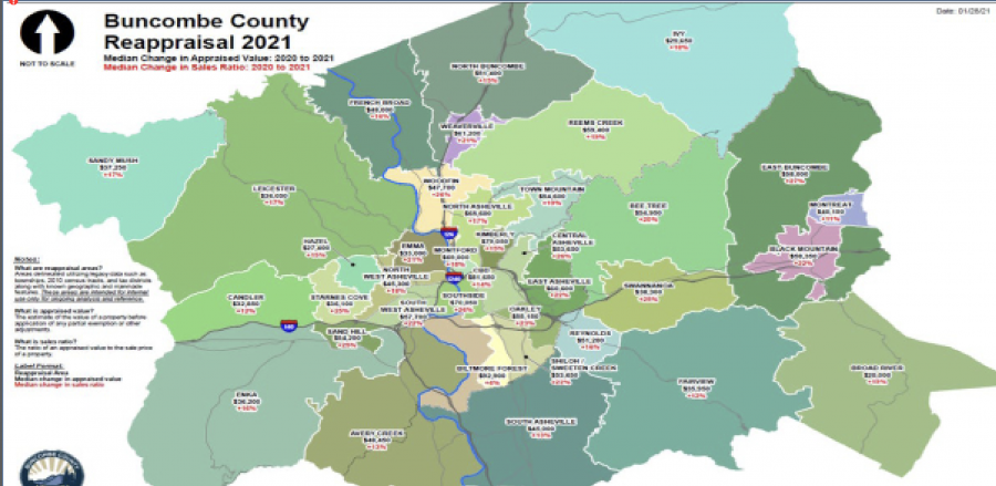 Map courtesy of Buncombe County Tax Assessor’s Office
A map of Buncombe County displaying the predicted median changes in property value for 2021