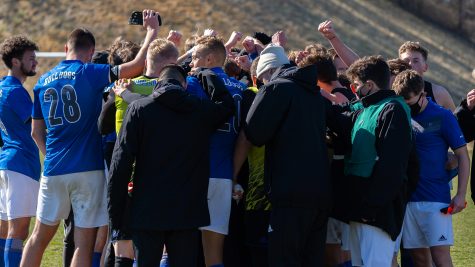 Photo provided by UNC Asheville Athletics.
UNC Asheville men’s soccer huddles during a win against Longwood in Feburary.
