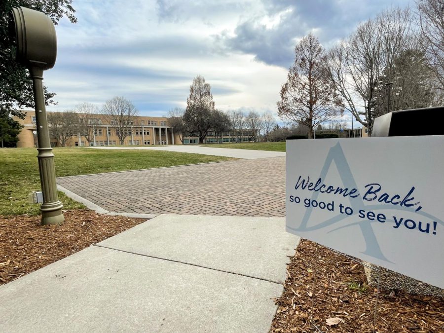 Photo by Lauren Boyle:
UNCA’s welcome sign greets an empty campus as students begin online. 
