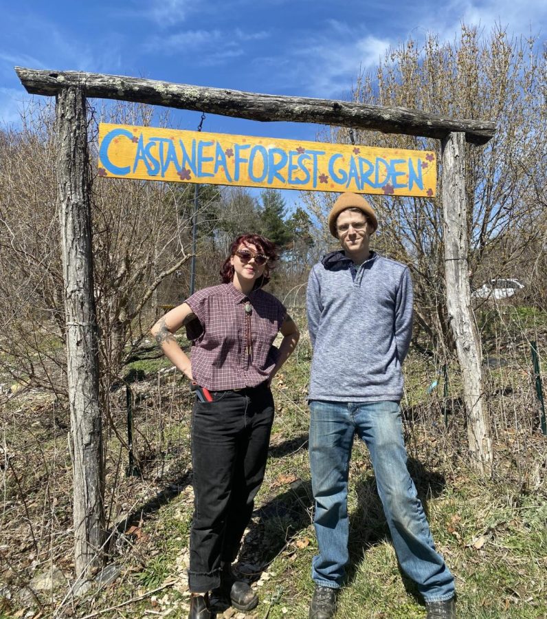 Current Castanea garden manager Naomi Todd, left, and Past garden manager, right, standing in front of Castanea garden, located adjacent to the Sam Miller Facilities Complex, Behind Kimmel Arena
