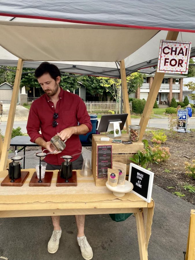 Colin Wiseman, founder of Chai For, prepares a drink at West Asheville Tailgate Market.