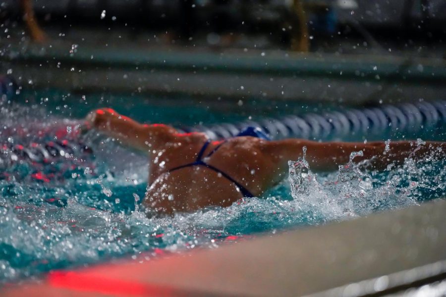 Sophomore Chloe McDonald on the last lap of the 100-yard fly, which she won with a time of 57.46. 
