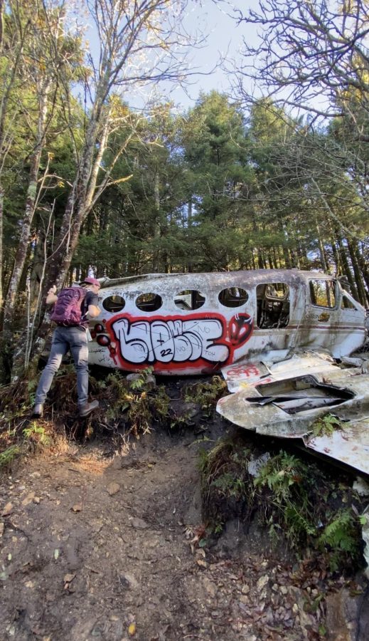 Caleb Sonntag investigates the inside of the crashed plane.