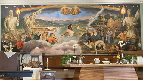 The mural adorning the back wall inside the Haywood United Methodist Church depicts 30 individuals combating homelessness. 