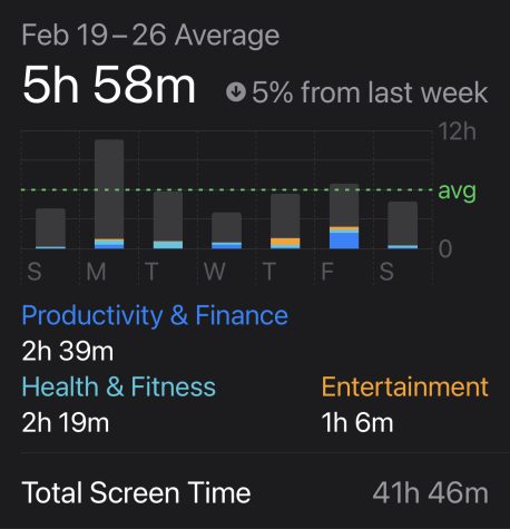 Screenshot of screen time used by the author in the week of February 19th. Taken from iPhone settings app.