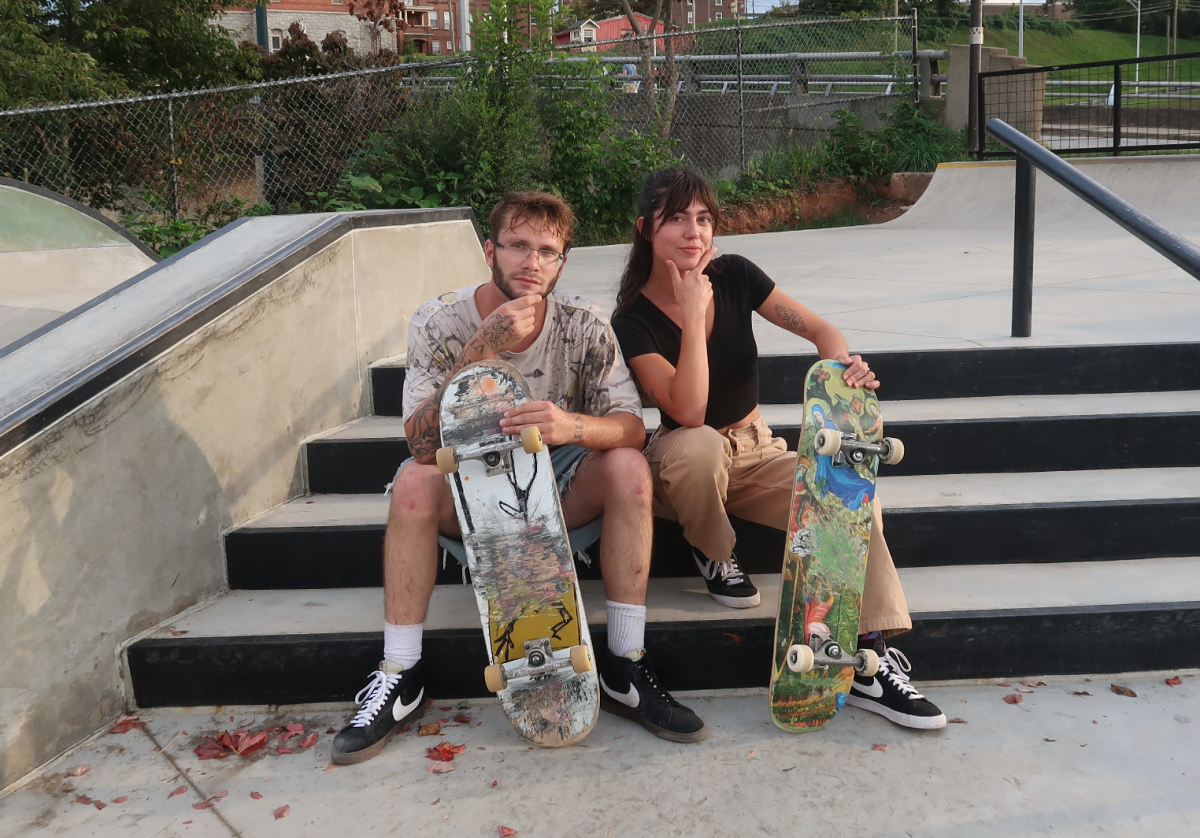Skaters+Owen+Kelly+and+Neptune+Arrigoni+posing+at+the+newly+renovated+Asheville+Skatepark.+%0A