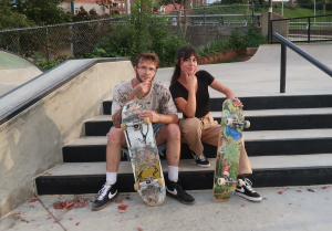 Skaters Owen Kelly and Neptune Arrigoni posing at the newly renovated Asheville Skatepark. 
