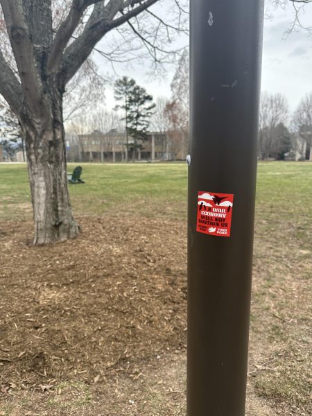 A light pole on the Quad with anti-war sentiment. 