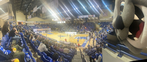 A panorama of Kimmel Arena during a game as Rocky photo-bombs the picture.