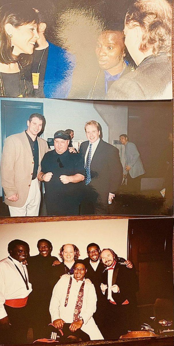 Top: From left to right, Randi Swindel, Angelique Kidjo, Joe at the North American Reciprocal Museum
Middle: From left to right, Craig Conroy, Joe, Scott Pellerin at an LA forum
Bottom: Joe and Tim Drummond with members of The Famous Flames in Oakland during the filming of the James Brown HBO Special.