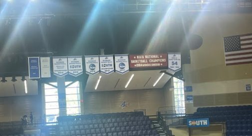 Banners of the Women’s basketball team’s achievements in Kimmel arena.