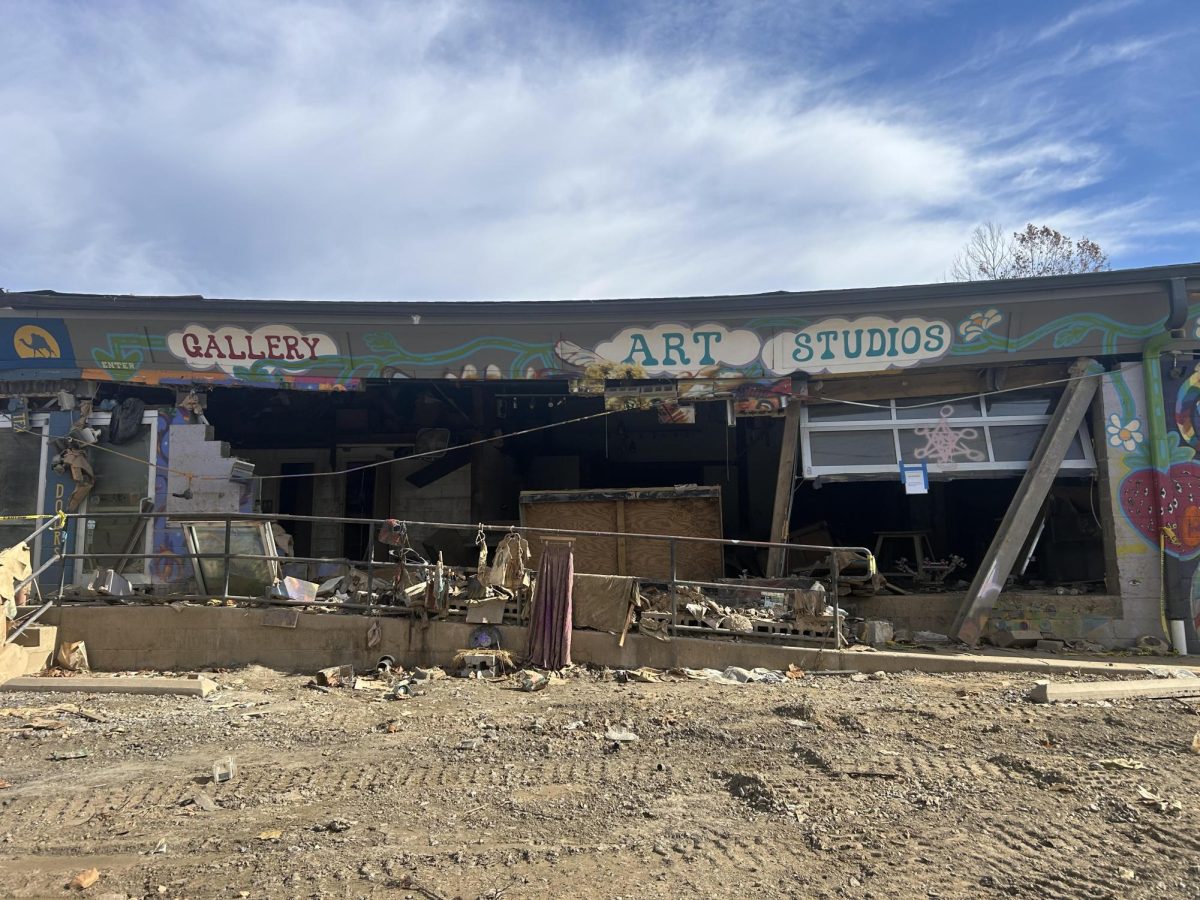 The outside of an art studio in the River Arts District in the aftermath of Helene.