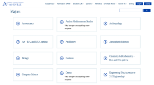 The list of UNC Asheville's majors on the website with fewer available options due to the department cuts.