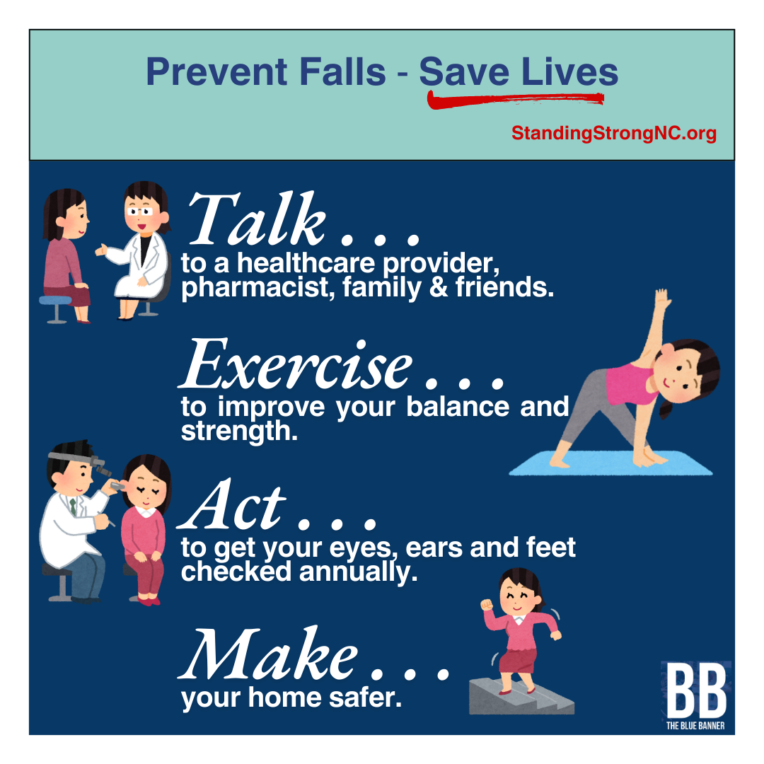 Talk... to a healthcare provider, pharmacist, family and friends. 
Exercise... to improve your balance and strength. 
Act... to get your eyes, ears and feet checked annually. 
Make... your home safer. 