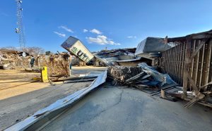 Destroyed semi-trailers by Lyman Street.