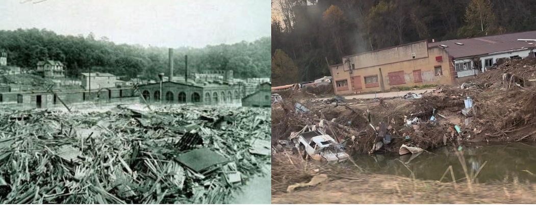 Side by side images compare the damage of the River Arts District taken after the Great Flood of 1916 (left) and two months after Hurricane Helene (right) in Asheville.
