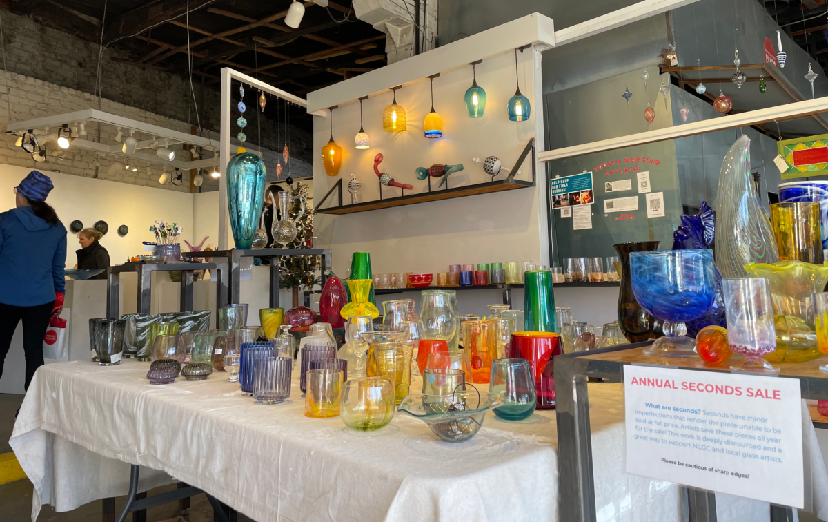 Several glass pieces displayed, trying to find new homes at the North Carolina Glass Center in the River Arts District during their annual seconds sale.