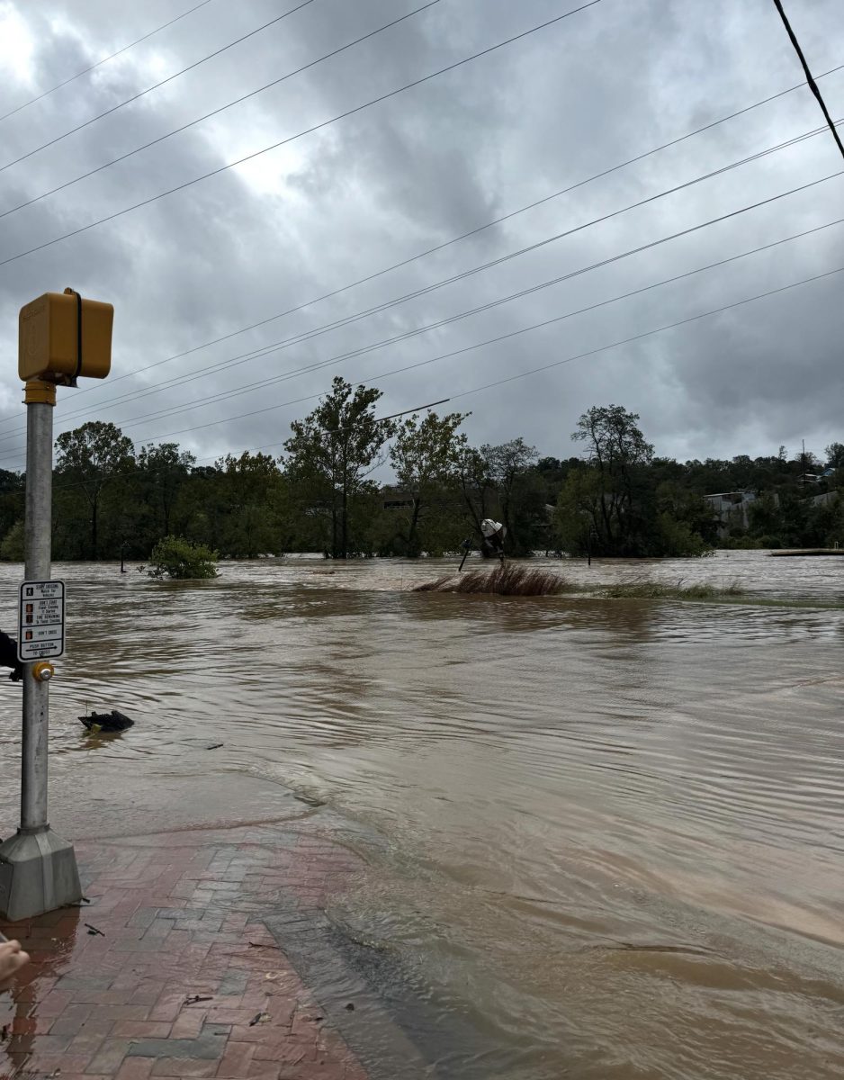 The French Broad River floods in Western Asheville amidst Hurricane Helene.