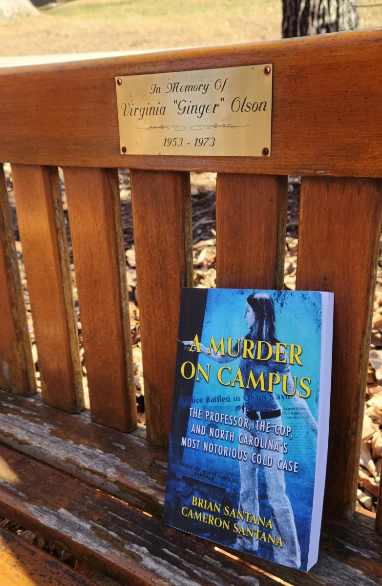 Brian and Cameron Santana's "A Murder on Campus" on Olson's memorial bench