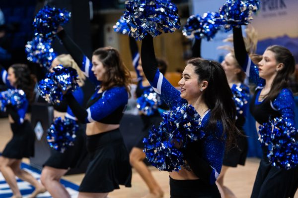 UNCA dance team performs at a women’s home basketball game.